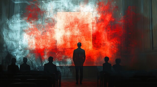 Courtroom scene with a witness giving testimony their thoughts visually represented by distorted and fragmented flashbacks of an event showing how memory has been altered