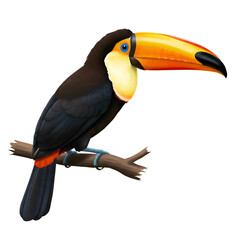 Fototapeta premium Vibrant Toucan Bird on Branch Tropical Wildlife Illustration Blue Beaks Black Green Animal Exotic 