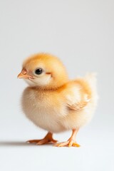Obraz premium A cute baby chicken, isolate on white background, with fluffy yellow feathers and a tiny beak.
