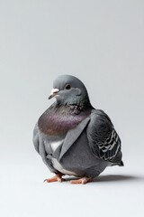 A pigeon wearing a suit, isolate on white background, blending formality and whimsy.