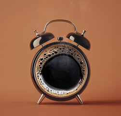 Creative Coffee Alarm Clock Concept, steaming black coffee inside alarm clock – AI Generated