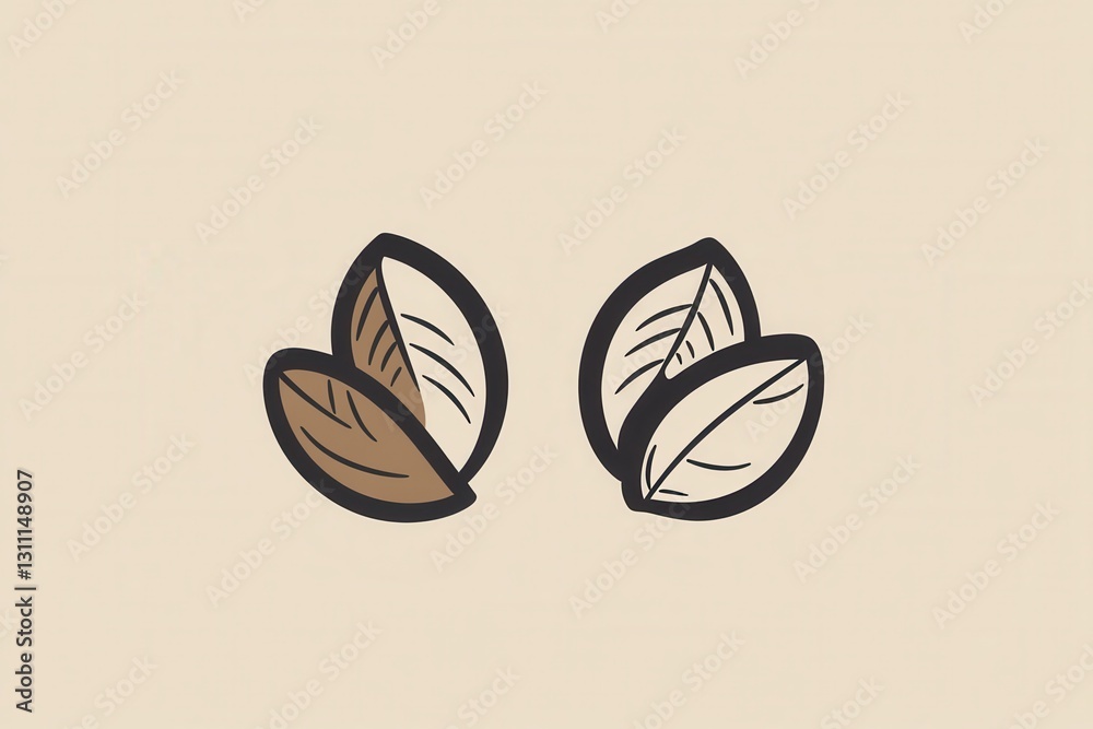 Poster modern abstract line art depicting a minimalist nut logo featuring almond and walnut elements in a s
