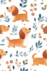 A watercolor seamless pattern of Dachshunds, isolate on white background, featuring soft colors and gentle brush strokes.
