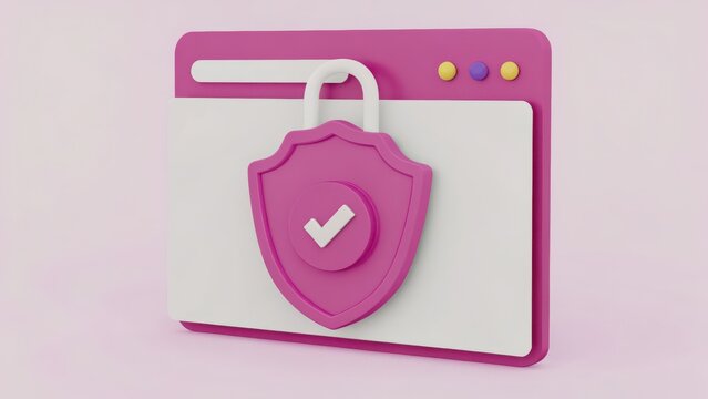 3D Render of a Secure Website with a Lock Symbol on a Pink Background