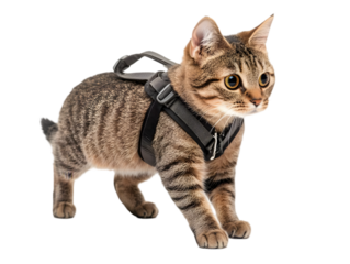 A curious cat wearing a harness, exploring its surroundings with a playful attitude and keen interest.