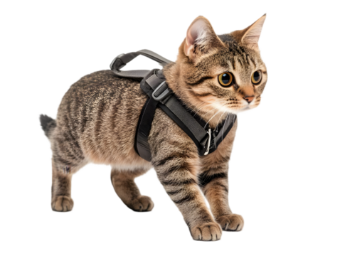 A curious cat wearing a harness, exploring its surroundings with a playful attitude and keen interest.