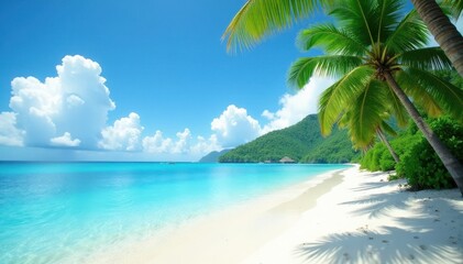 Azure water laps white sand; lush palms sway in gentle breeze , water, shore