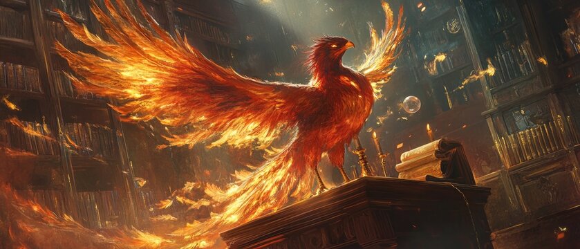 A vibrant phoenix, wings ablaze, stands majestically in a mystical library, surrounded by books and floating orbs, symbolizing rebirth and knowledge.