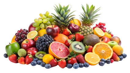 Fresh and Vibrant Assortment of All Fruits Including Apples, Bananas, Oranges, Grapes, Berries, and More on Transparent Background, Perfect for Healthy Lifestyle and Food Advertising Designs