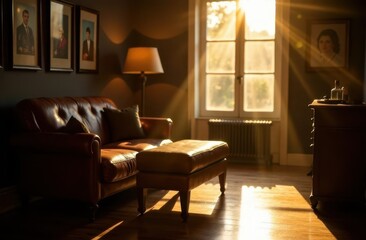 Elegant interior with warm sunlight casting shadows in a vintage room