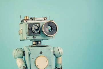 Fototapeta premium Retro robot posing with vintage twin lens reflex camera on turquoise background