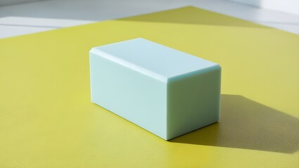 A foam yoga block placed on a bright yellow mat