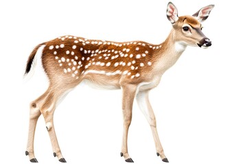 Obraz premium A young spotted fawn stands gracefully against a white background