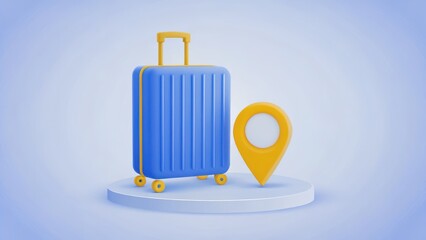 Bright and Colorful Travel Suitcase with Location Pin on Simple Background for Travel Concepts