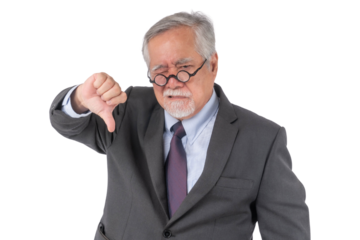 Senior businessman in a suit with a disappointed expression, showing a thumbs-down gesture, isolated on a transparent background - concept of disapproval, failure, and criticism
