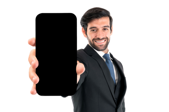 Portrait working business handsome man ware suit showing big smart phone with blank screen , white screen for Mobile App Advertising isolated on a transparent background