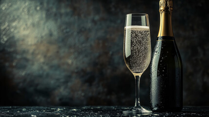 Elegant champagne bottle and glass on a classy dark background.