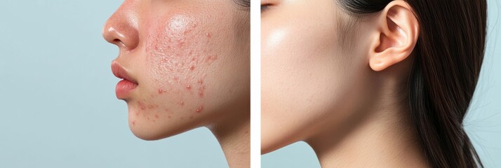 Transforming skin condition showcasing acne and redness on one side and smooth, glowing skin after skincare routine