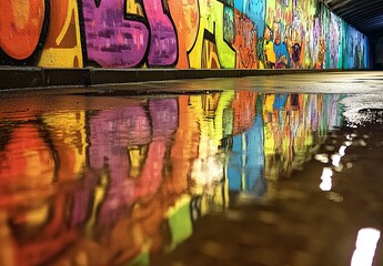 Fototapeta premium A colorful, graffiti-covered tunnel with water reflections, captured in high resolution