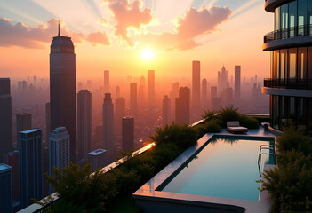 Obraz premium Luxury Rooftop Infinity Pool Overlooking Modern City Skyline at Sunset
