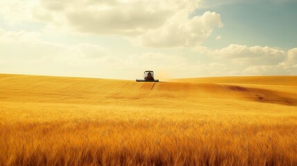 Fototapeta premium Combine harvester working in golden wheat field under blue sky 