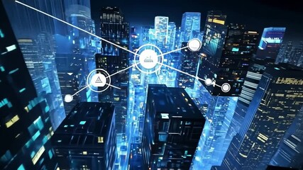 Futuristic Cityscape at Night Smart City Digital Network  Illuminated Towers and Buildings Advanced Technology - Powered by Adobe