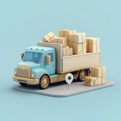 Shopping and delivery symbolized by 3D truck, navigation pin, clean.