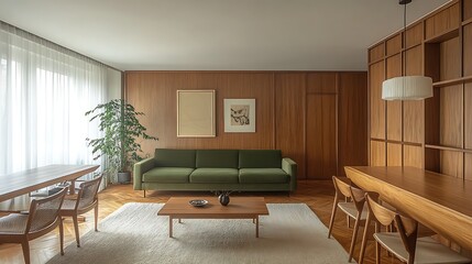 Fototapeta premium Modern Living Room with Green Sofa and Wooden Dining Set, A modern living room with a green sofa, wooden dining table, and chairs