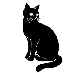 A black Cat happy Halloween concept, black and white hand drawn line art illustration 