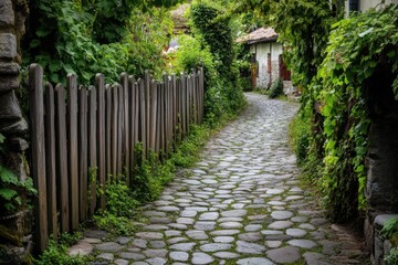 Fototapeta premium Charming wooden fence covered with ivy and moss along cobblestone pathway serene village setting natural landscape tranquil environment scenic viewpoint