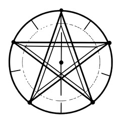 A pentagram star happy Halloween concept, black and white hand drawn line art illustration 