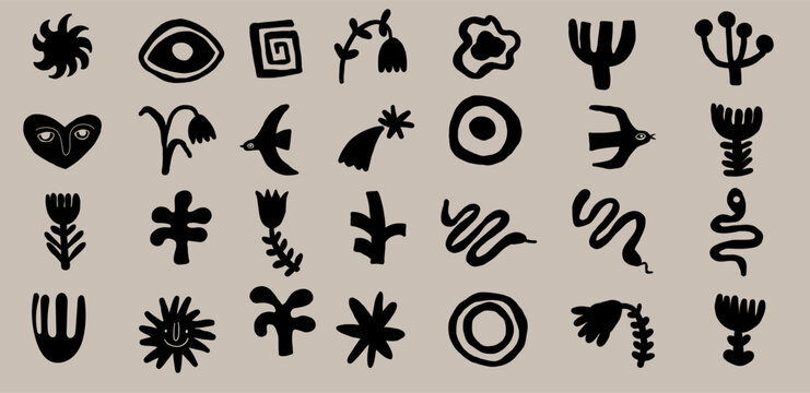 Hand drawn abstract heart, bird, snake figures scandinavian frame bird collection in retro vintage style. Lino cut figure shapes.