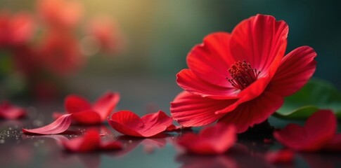 Red flower petals, subtle breeze carrying perfume , close-up, aroma, nature
