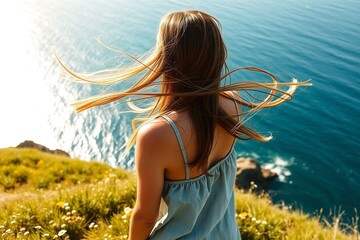 A young woman with long, light brown hair blowing in the wind stands on a grassy hill, gazing at the vast ocean. 