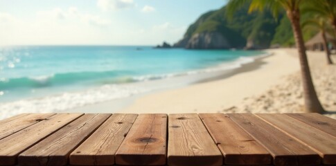 Rustic long wooden table, blurred beach backdrop, horizon, view