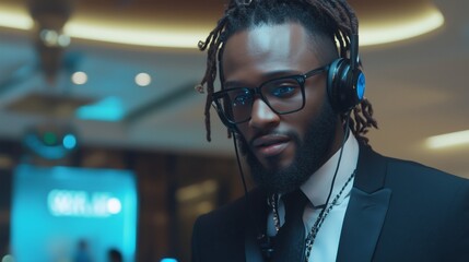 Dynamic dj show at corporate event with vibrant media and atmosphere