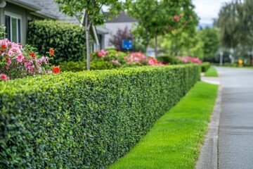 Fototapeta premium Vibrant green hedge fence enhancing a quiet suburban street beautiful landscaping peaceful neighborhood lush environment eye-level viewpoint tranquil concept