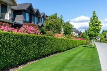 Fototapeta premium A serene view of a lush green hedge fence framing a quiet suburban street in spring capturing nature's beauty and tranquility under clear blue skies