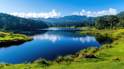 Serene Lake Reflected in Clear Blue Sky Surrounded by Lush Green Forest and Hills
