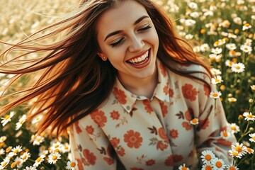 Young woman with long, brown, flowing hair, laughing joyfully in a vibrant field of wildflowers.  Mid-20s, light-skinned ethnicity.  She wears a loose, light beige button-down shirt.