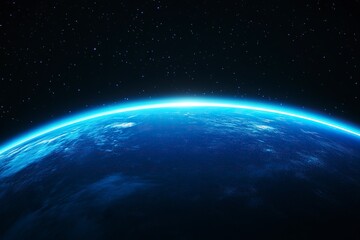 Obraz premium Abstract blue glowing light with a gradient from dark to bright on a black background, a planet Earth horizon line, and a space background for design and decoration in space themes,