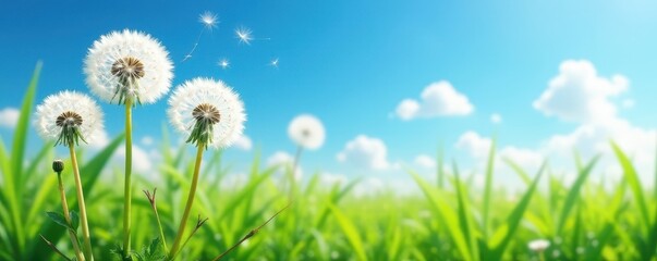Fluffy dandelion heads against azure sky, lush green field, white, wildflowers