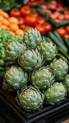 Fototapeta premium Close-up of vibrant green artichoke heads in a lively market filled with colorful vegetables, capturing unique shapes and intricate patterns