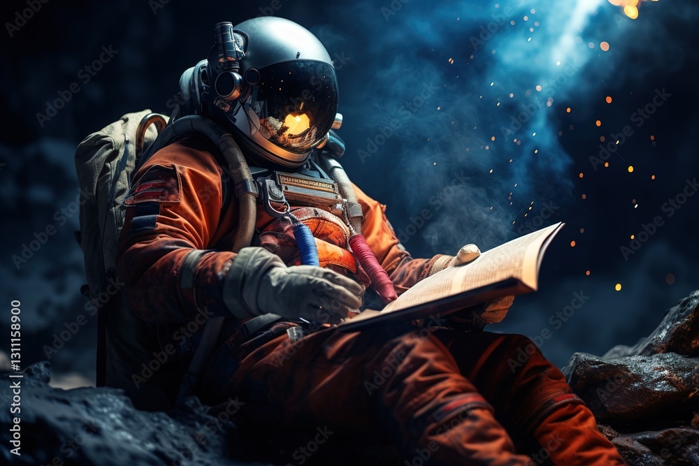Wall mural an astronaut in a spacesuit and helmet reads a book with universe with smoke on background