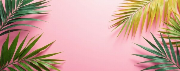 Pastel pink backdrop, lush colorful palm leaves, botanical art Sunny tropical vibe , leaves, scene