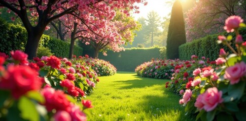 Sun-drenched garden overflowing with blossoms, vibrant, floral