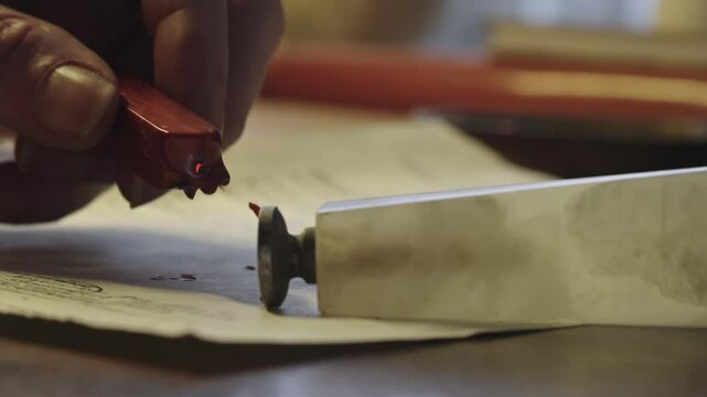 Hot wax dropped onto official document then stamped with custom seal CLOSE-UP