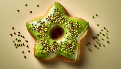 Star Shaped Pistachio Donut with Chocolate Sprinkles on Cream Background Isolated