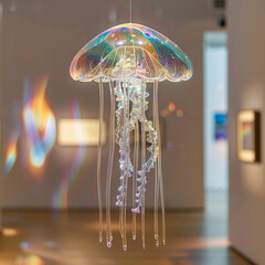 Exquisite Glass Jellyfish Sculpture in Modern Gallery | A hyper-detailed 3D glass jellyfish sculpture floats in a sleek gallery, its crystal-clear body casting rainbow reflections on minimalist walls