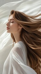 Fototapeta premium Beautiful model girl with Brown hair strand,silky healthy chestnut wavy hair strand,hair wavy ribbon, with smooth,Keratin straightening,Treatment,straight long hair,procedures,Smooth hairstyle.